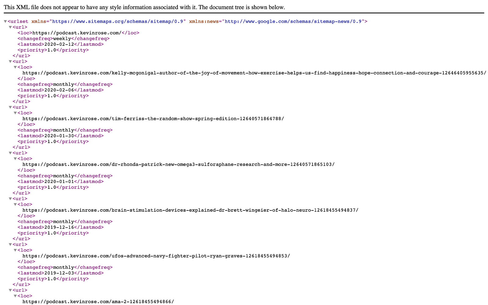 XML example of a sitemap to improve podcast SEO